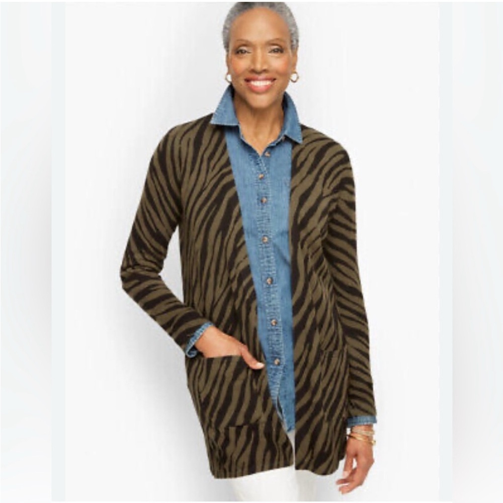 Talbots Olive Green and Black Zebra Print Open Cardigan